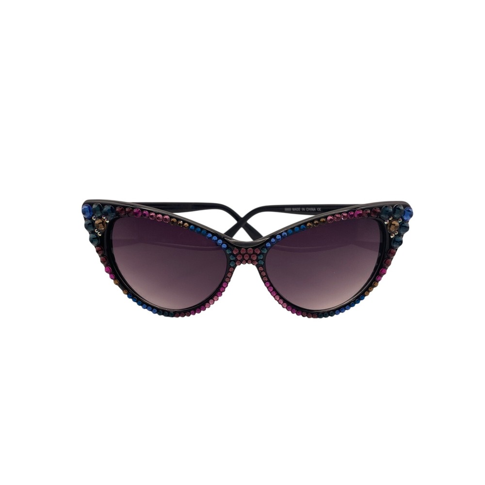 Womens Rhinestone Cat Eye Sunglasses Black Multi Color Jewel Gradient Lens 8869